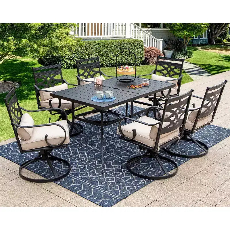 7pc Outdoor Dining Set with Swivel Chairs with Cushions & Steel Table with Umbrella Hole - Captiva Designs