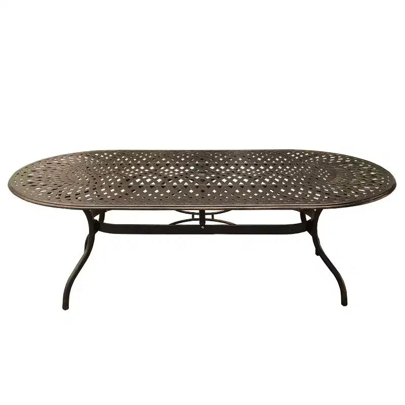 Ensemble de salle à manger d'extérieur 11 pièces avec table ovale en aluminium de 241 cm au design contemporain et moderne en treillis et dix chaises - Bronze - Oakland Living : Résistant aux UV