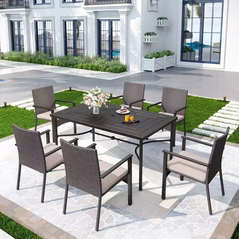 7pc Outdoor Dining Set: Steel Table, Wicker Chairs, Cushions - Captiva Designs