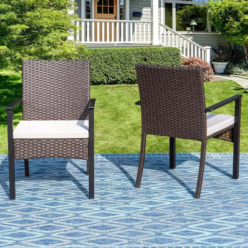 Ensemble de salle à manger d'extérieur 7 pièces : Table en acier, chaises en osier, coussins - Captiva Designs