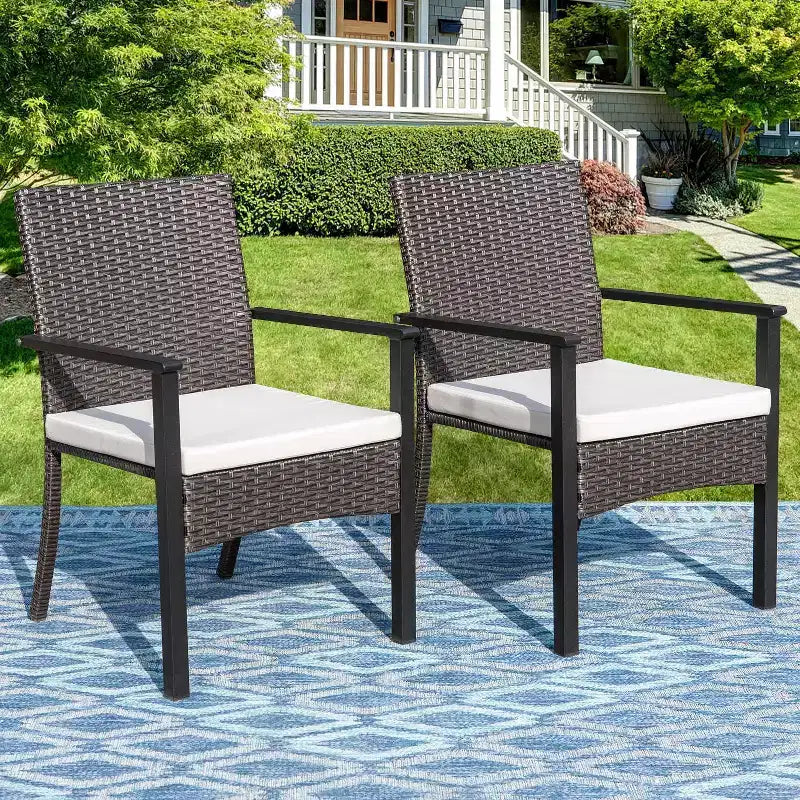 Ensemble de salle à manger d'extérieur 7 pièces : Table en acier, chaises en osier, coussins - Captiva Designs