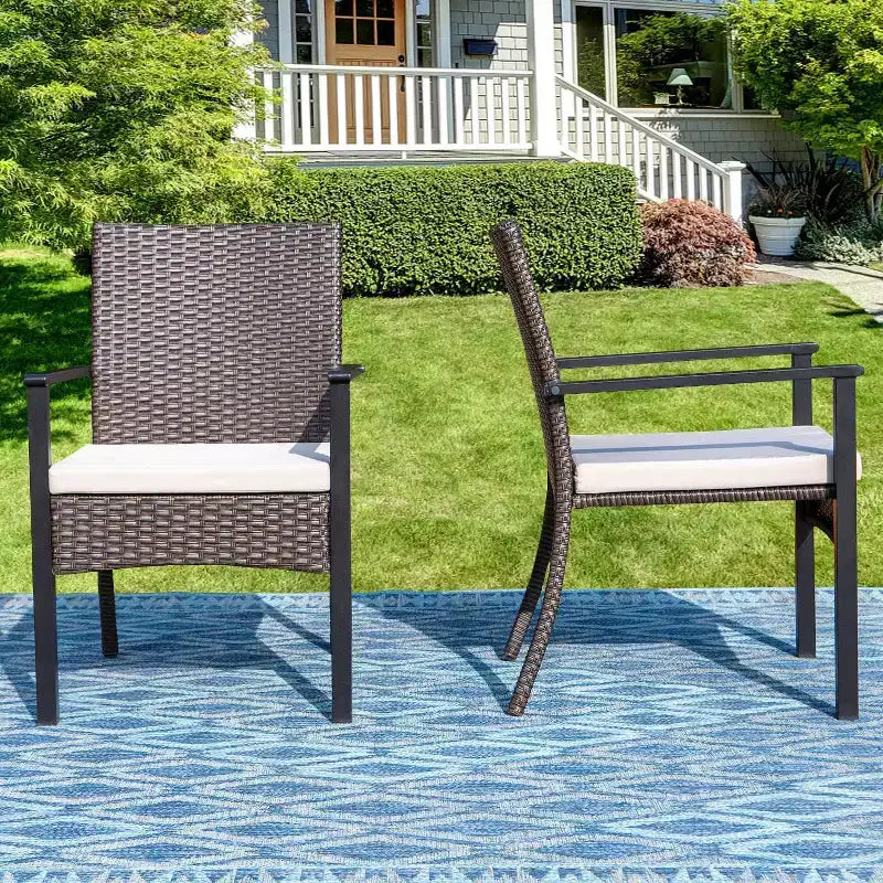 Ensemble de salle à manger d'extérieur 7 pièces : Table en acier, chaises en osier, coussins - Captiva Designs