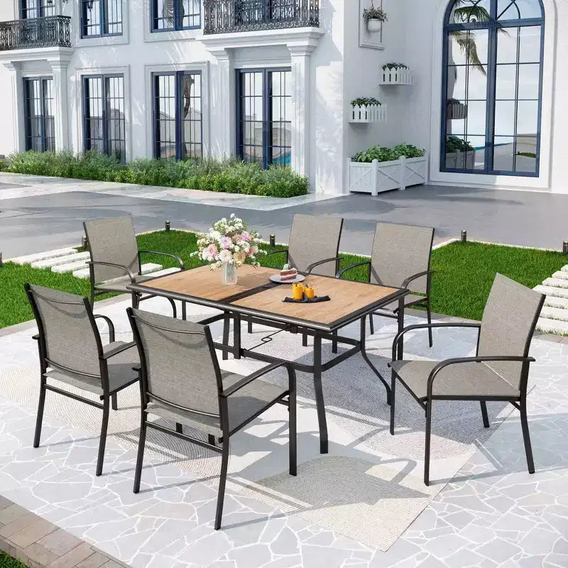7pc Patio Dining Set with Faux Wood/Steel Table with Umbrella Hole & Sling Arm Chairs - Captiva Designs