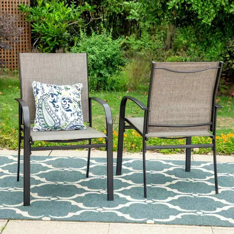 Ensemble de salle à manger d'extérieur 7 pièces Captiva Designs, table en faux bois et acier avec trou pour parasol et chaises à bras en textilène