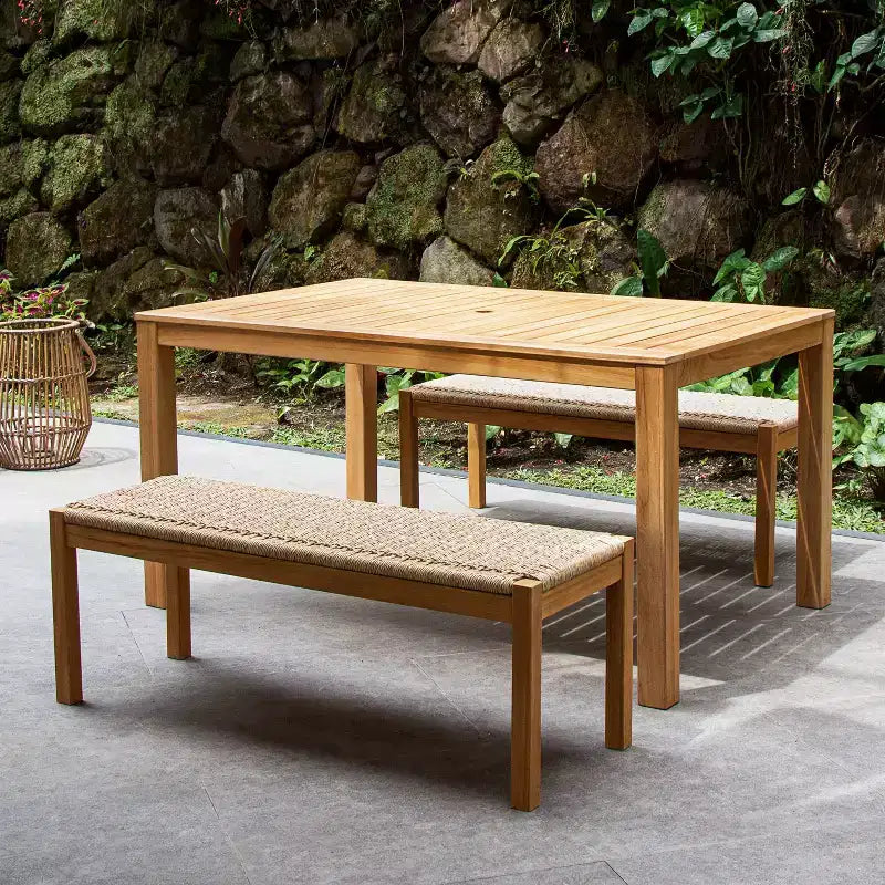 Sonoma Lane Azle – Ensemble repas pique-nique extérieur 3 pièces en teck avec osier torsadé couleur miel – Résistant aux intempéries