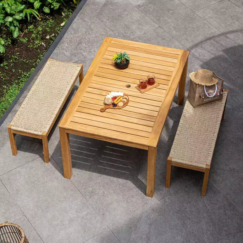 Sonoma Lane Azle – Ensemble repas pique-nique extérieur 3 pièces en teck avec osier torsadé couleur miel – Résistant aux intempéries