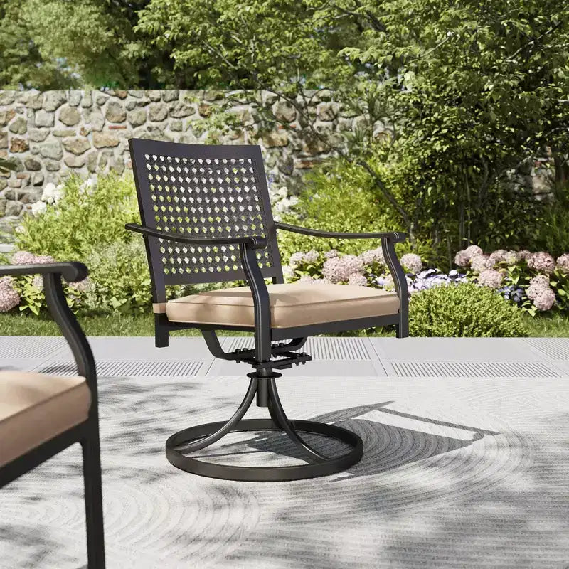 Ensemble repas d'extérieur 7 pièces avec chaises pivotantes et table en similibois/métal avec trou pour parasol - Captiva Designs : structure en acier thermolaqué