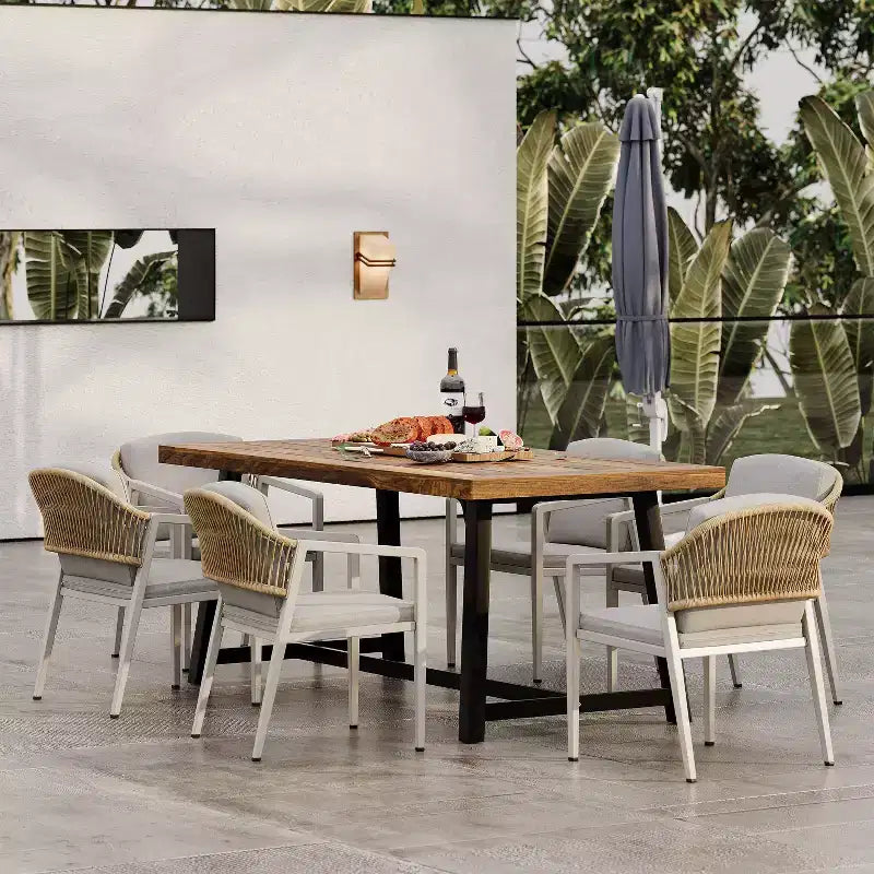 Ensemble de salle à manger d'extérieur Christopher Knight 7 pièces Jasmine 6 places avec structure en fer et bois d'acacia