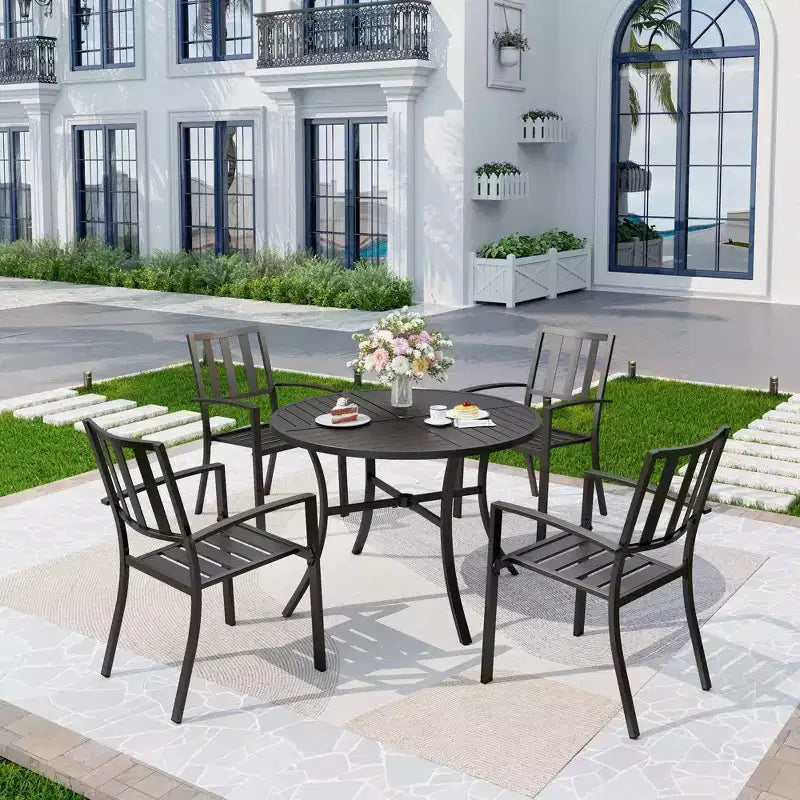 5pc Patio Dining Set with Round Table & Steel Arm Chairs with Striped Back - Black - Captiva Designs: Weather-Resistant, Non-Extension