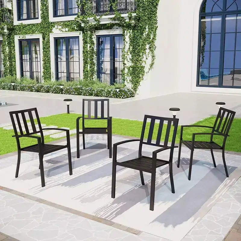 Ensemble de salle à manger 5 pièces pour terrasse avec table ronde et chaises à accoudoirs en acier à dossier rayé - Noir - Captiva Designs : Résistant aux intempéries, Non-extensible
