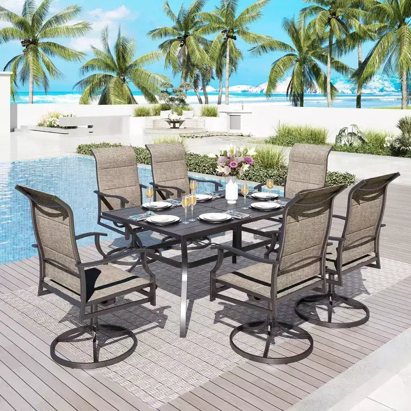 7pc Patio Dining Set with Rectangle Table with 1.57" Umbrella Hole & 360 Swivel Padded Arm Chairs - Captiva Designs