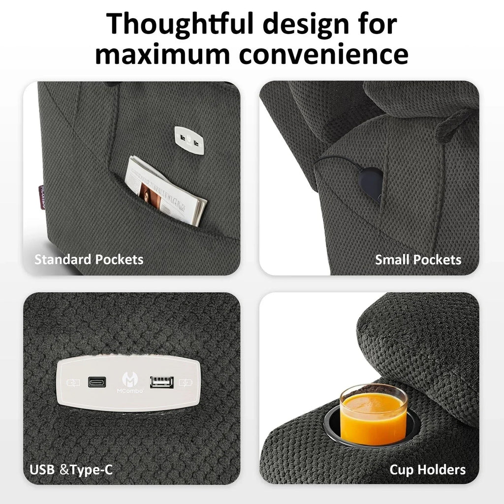 Fauteuil inclinable électrique double moteur grand et large MCombo avec massage et double chauffage pour personnes âgées de grande taille, tissu R7635