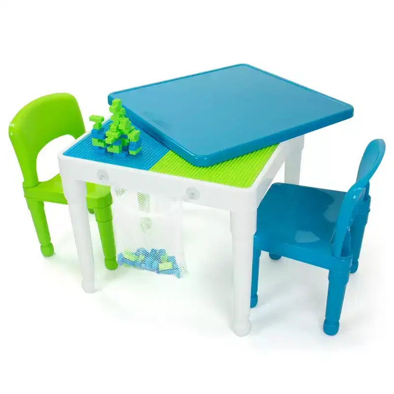 3pc Kids' 2 in 1 Square Activity Table with Chairs and 100pc Building Blocks White/Green/Blue - Humble Crew: Toddler Table Set