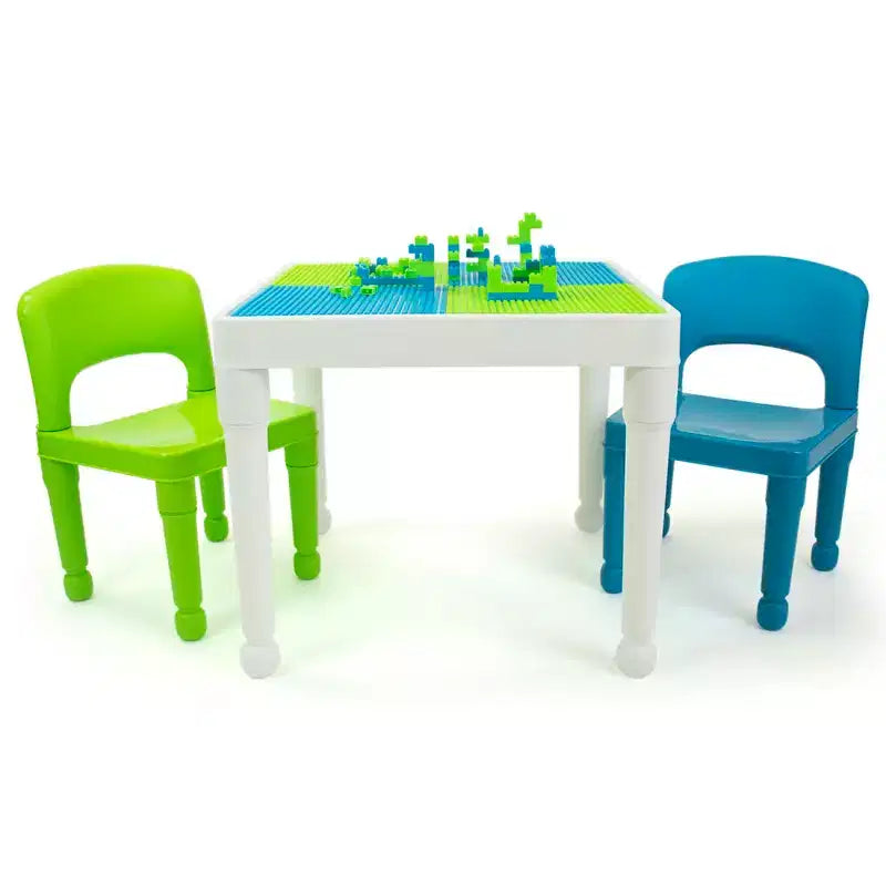 Table d'activité carrée 2 en 1 avec chaises et 100 blocs de construction pour enfants, 3 pièces, blanc/vert/bleu - Humble Crew : Ensemble table pour tout-petits