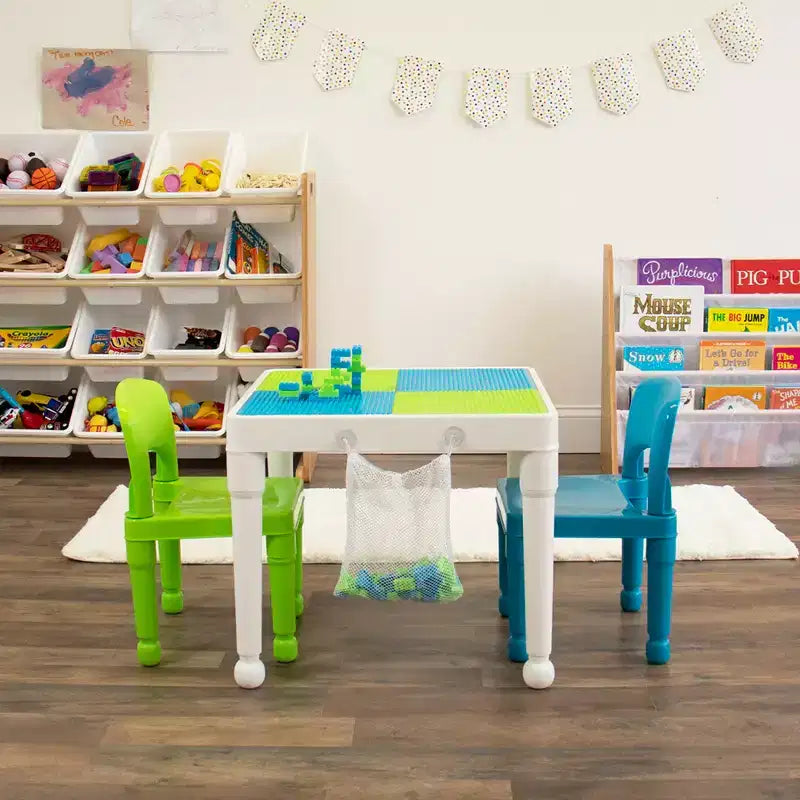 Table d'activité carrée 2 en 1 avec chaises et 100 blocs de construction pour enfants, 3 pièces, blanc/vert/bleu - Humble Crew : Ensemble table pour tout-petits