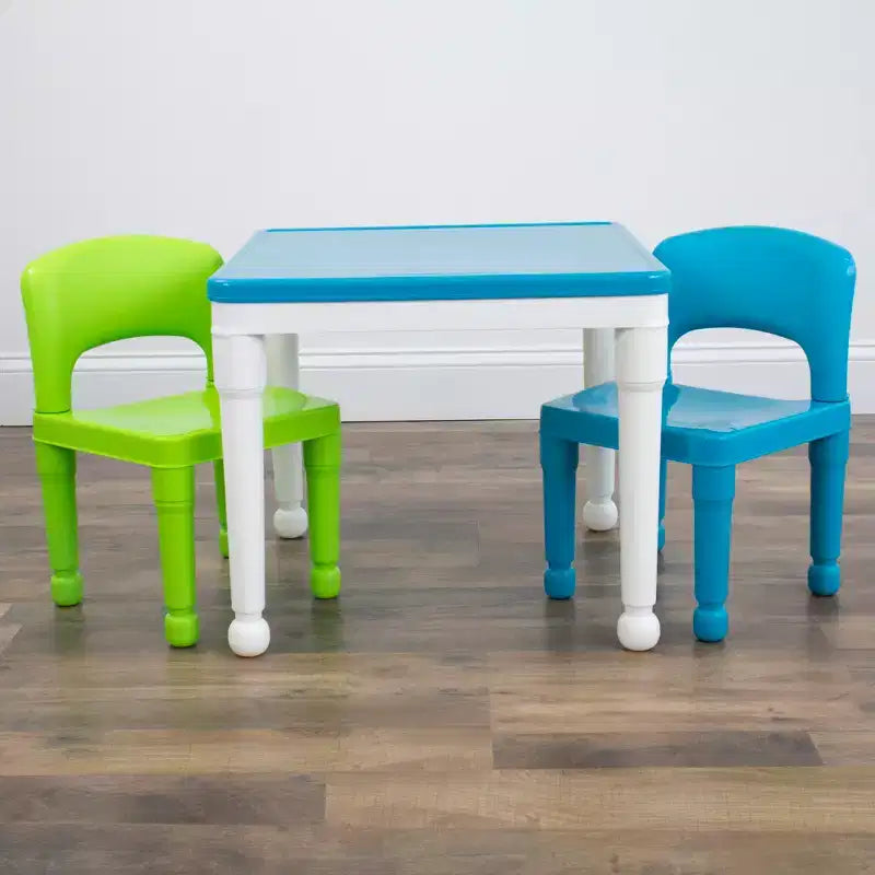 Table d'activité carrée 2 en 1 avec chaises et 100 blocs de construction pour enfants, 3 pièces, blanc/vert/bleu - Humble Crew : Ensemble table pour tout-petits