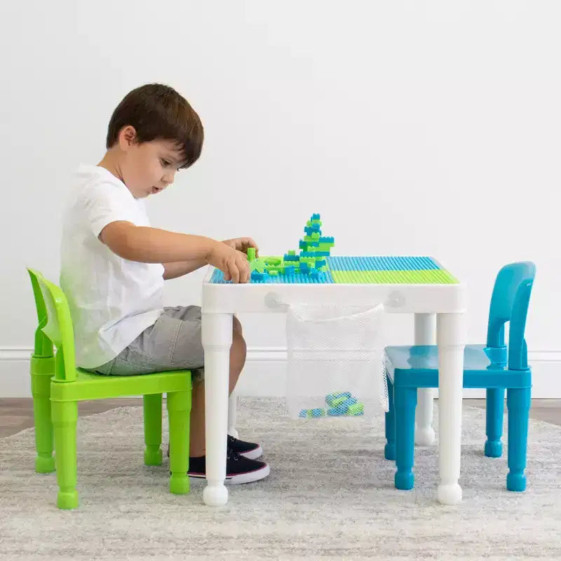 Table d'activité carrée 2 en 1 avec chaises et 100 blocs de construction pour enfants, 3 pièces, blanc/vert/bleu - Humble Crew : Ensemble table pour tout-petits