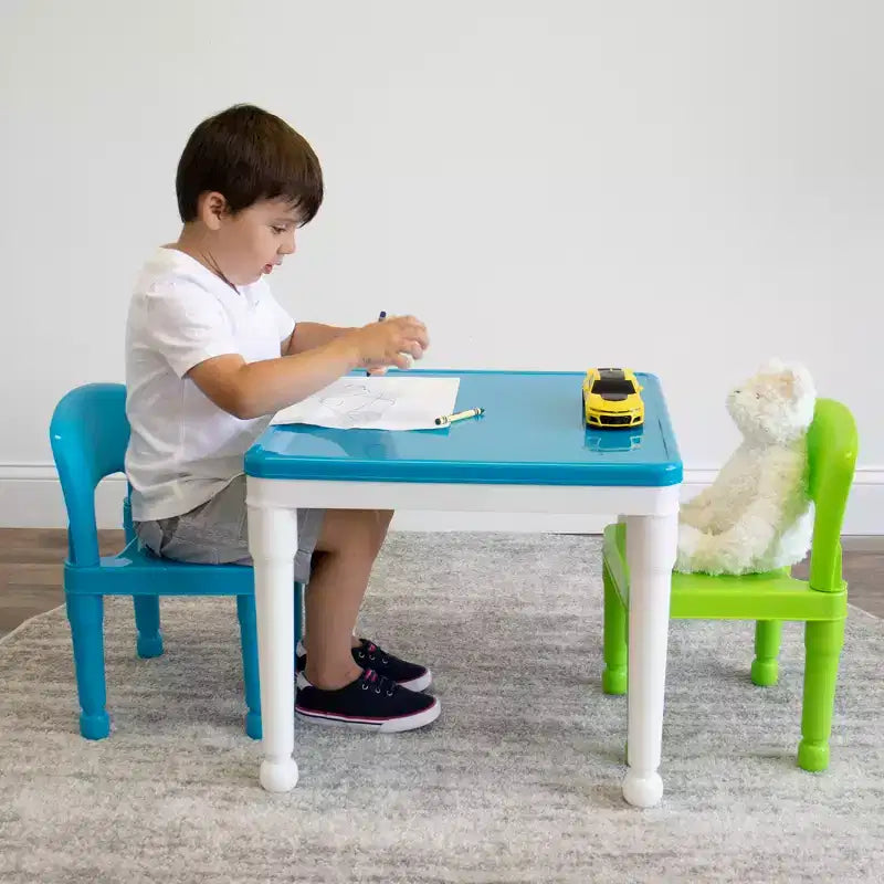 Table d'activité carrée 2 en 1 avec chaises et 100 blocs de construction pour enfants, 3 pièces, blanc/vert/bleu - Humble Crew : Ensemble table pour tout-petits