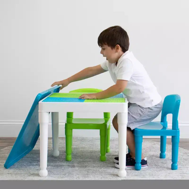 Table d'activité carrée 2 en 1 avec chaises et 100 blocs de construction pour enfants, 3 pièces, blanc/vert/bleu - Humble Crew : Ensemble table pour tout-petits