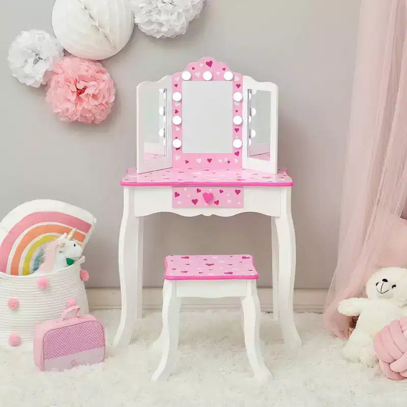 Little Princess Gisele Sweethearts Kids' Vanity with LED Lights White/Pink - Fantasy Fields by Teamson Kids: Little Girl Vanity Set, Toddler Table