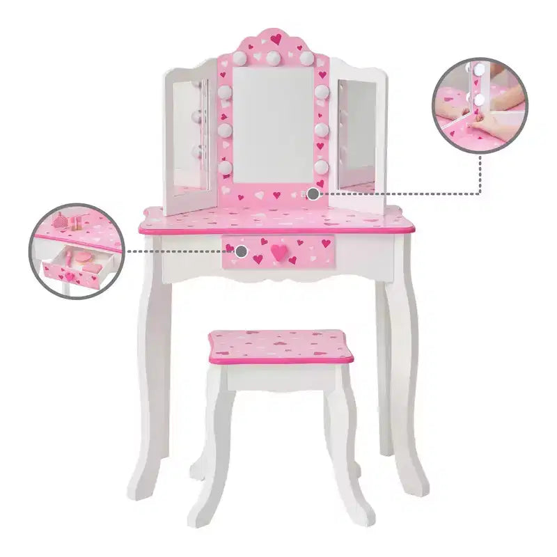 Coiffeuse pour enfants Little Princess Gisele avec lumières LED Blanc/Rose - Fantasy Fields by Teamson Kids : Ensemble coiffeuse pour petite fille, Table pour tout-petits