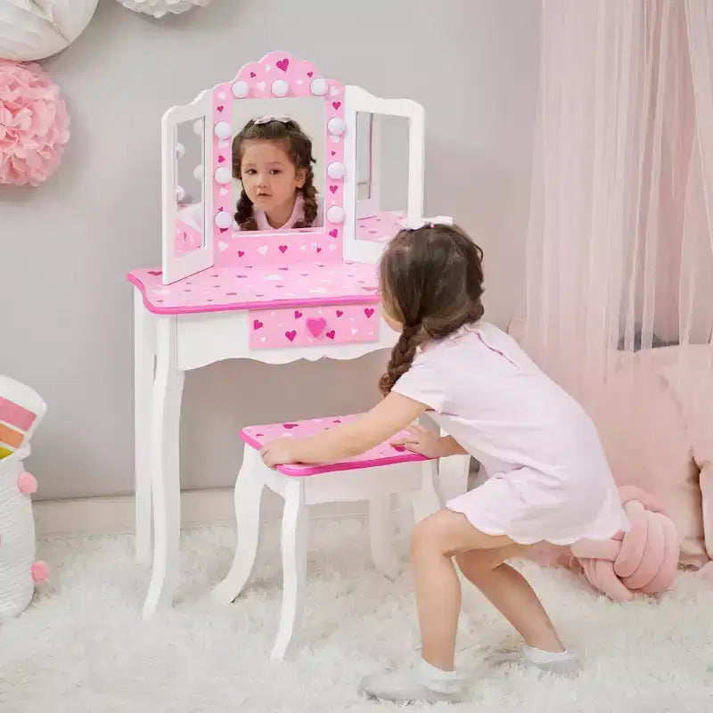 Coiffeuse pour enfants Little Princess Gisele avec lumières LED Blanc/Rose - Fantasy Fields by Teamson Kids : Ensemble coiffeuse pour petite fille, Table pour tout-petits