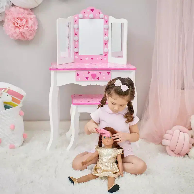 Coiffeuse pour enfants Little Princess Gisele avec lumières LED Blanc/Rose - Fantasy Fields by Teamson Kids : Ensemble coiffeuse pour petite fille, Table pour tout-petits