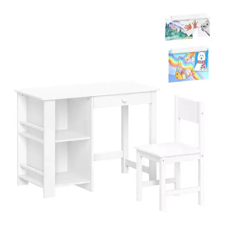 RiverRidge Kids' Desk and Chair Playroom Set with 2 Art Storage Cubbies and 2 Side Bookshelves White with 2 Magnetic Art Display Bars