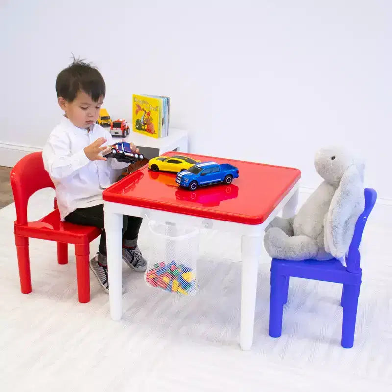 Table d'activité carrée 2 en 1 pour enfants, 3 pièces avec 2 chaises bleu/rouge - Humble Crew : Mobilier pour tout-petits pour salle de jeux, ensemble en plastique
