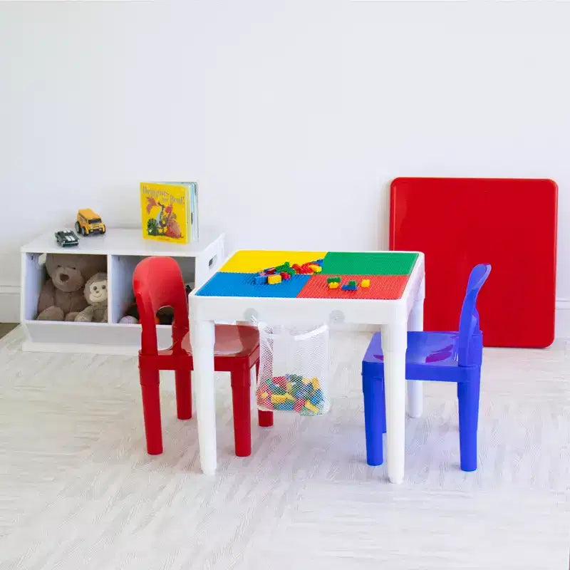 Table d'activité carrée 2 en 1 pour enfants, 3 pièces avec 2 chaises bleu/rouge - Humble Crew : Mobilier pour tout-petits pour salle de jeux, ensemble en plastique