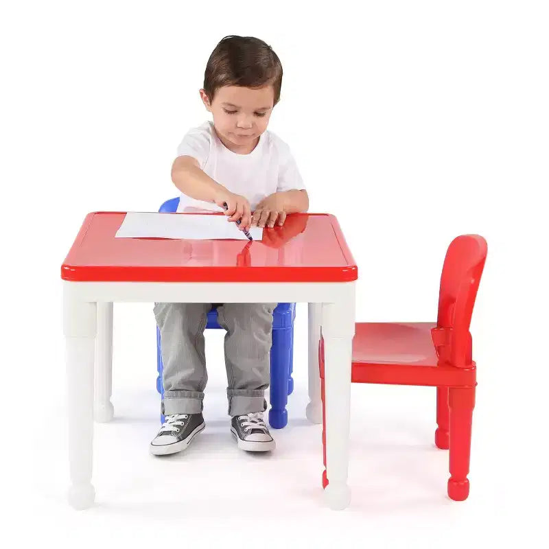 Table d'activité carrée 2 en 1 pour enfants, 3 pièces avec 2 chaises bleu/rouge - Humble Crew : Mobilier pour tout-petits pour salle de jeux, ensemble en plastique
