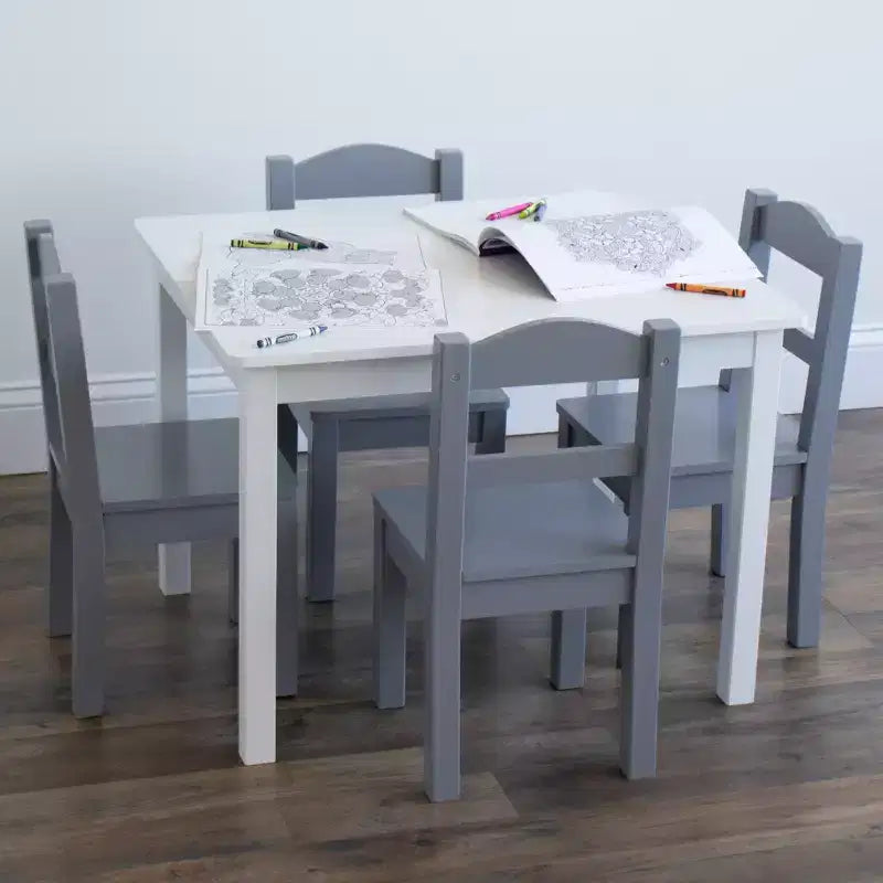 Ensemble table et chaises en bois 5 pièces pour enfants Blanc/Gris - Humble Crew : Meubles de salle à manger pour tout-petits, MDF, Rectangulaire, Âges 3+