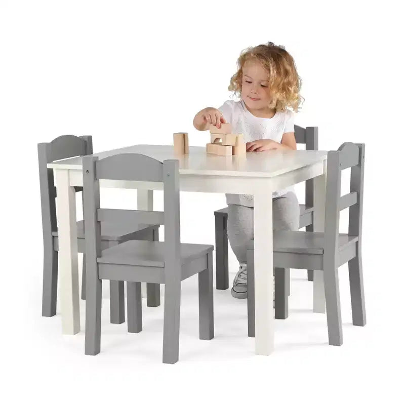 Ensemble table et chaises en bois 5 pièces pour enfants Blanc/Gris - Humble Crew : Meubles de salle à manger pour tout-petits, MDF, Rectangulaire, Âges 3+