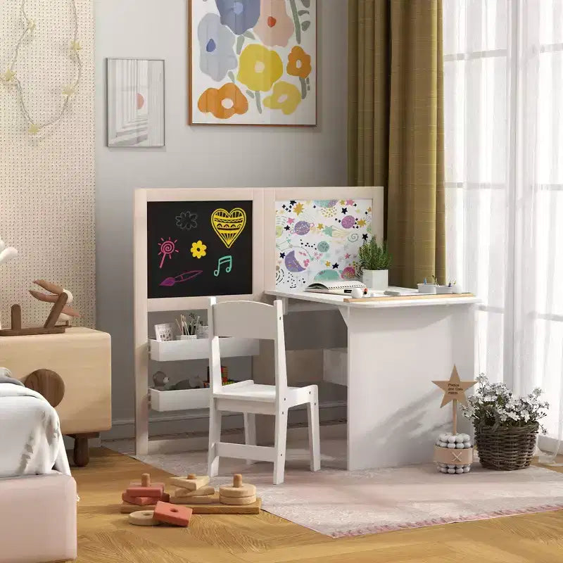 Ensemble Table et Chaises pour Enfants Qaba, Ensemble Table d'Art et Chaises 3 en 1 pour Enfants avec Étagères de Rangement, Tableau Noir, Tableau Blanc, Rouleau de Papier, pour 3-8 Ans, Blanc