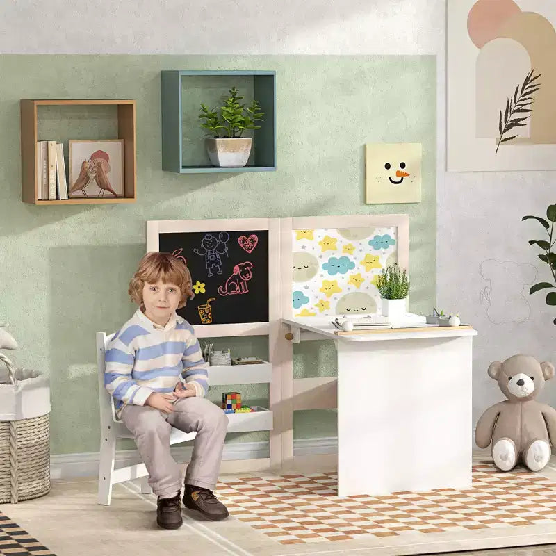 Ensemble Table et Chaises pour Enfants Qaba, Ensemble Table d'Art et Chaises 3 en 1 pour Enfants avec Étagères de Rangement, Tableau Noir, Tableau Blanc, Rouleau de Papier, pour 3-8 Ans, Blanc