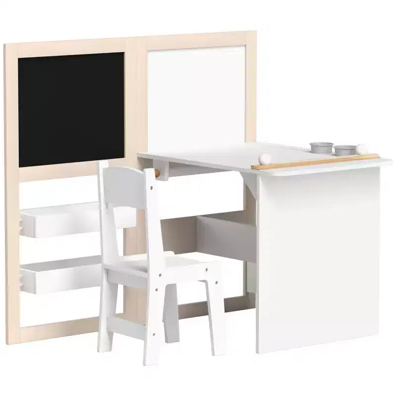 Ensemble Table et Chaises pour Enfants Qaba, Ensemble Table d'Art et Chaises 3 en 1 pour Enfants avec Étagères de Rangement, Tableau Noir, Tableau Blanc, Rouleau de Papier, pour 3-8 Ans, Blanc