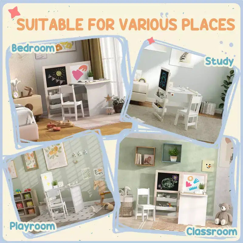 Ensemble Table et Chaises pour Enfants Qaba, Ensemble Table d'Art et Chaises 3 en 1 pour Enfants avec Étagères de Rangement, Tableau Noir, Tableau Blanc, Rouleau de Papier, pour 3-8 Ans, Blanc