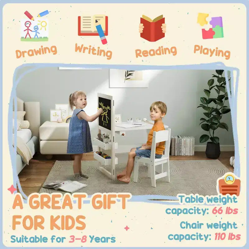 Ensemble Table et Chaises pour Enfants Qaba, Ensemble Table d'Art et Chaises 3 en 1 pour Enfants avec Étagères de Rangement, Tableau Noir, Tableau Blanc, Rouleau de Papier, pour 3-8 Ans, Blanc
