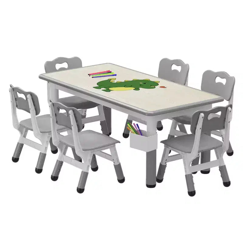 Ensemble table et chaises pour enfants Whizmax 120*60 CM, table pour tout-petits réglable en hauteur et ensemble de 6 chaises pour les 2-10 ans, plateau de table graffiti, pieds antidérapants, gris