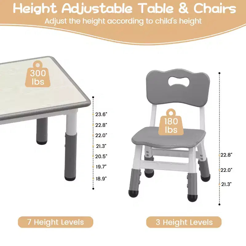 Ensemble table et chaises pour enfants Whizmax 120*60 CM, table pour tout-petits réglable en hauteur et ensemble de 6 chaises pour les 2-10 ans, plateau de table graffiti, pieds antidérapants, gris