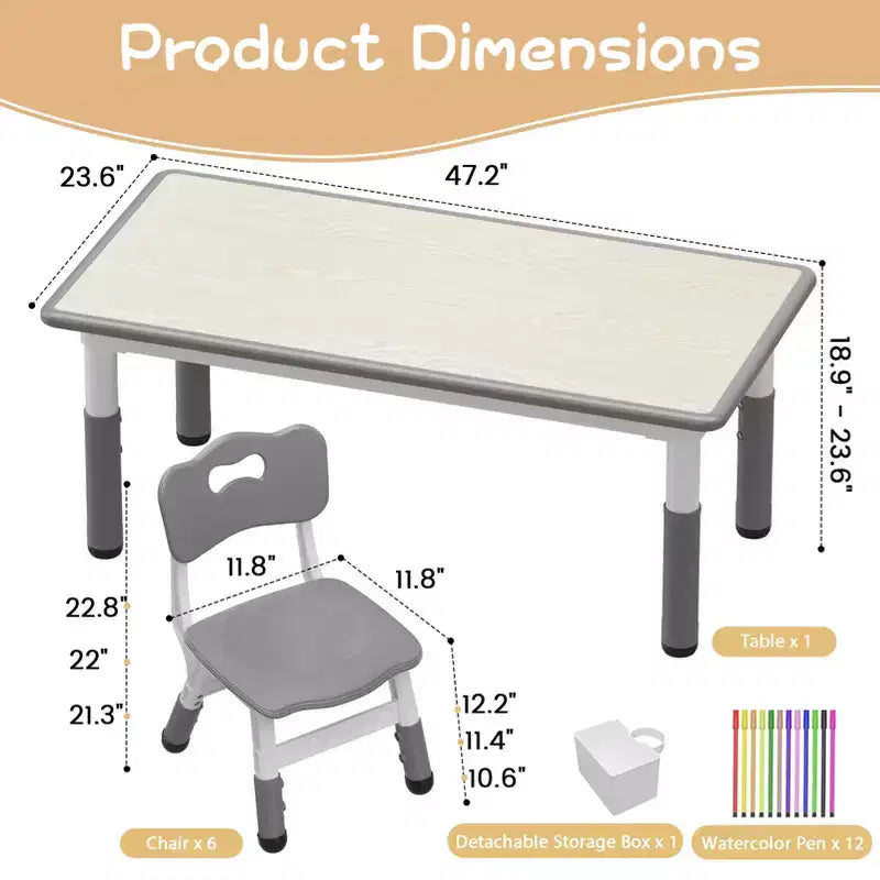 Ensemble table et chaises pour enfants Whizmax 120*60 CM, table pour tout-petits réglable en hauteur et ensemble de 6 chaises pour les 2-10 ans, plateau de table graffiti, pieds antidérapants, gris