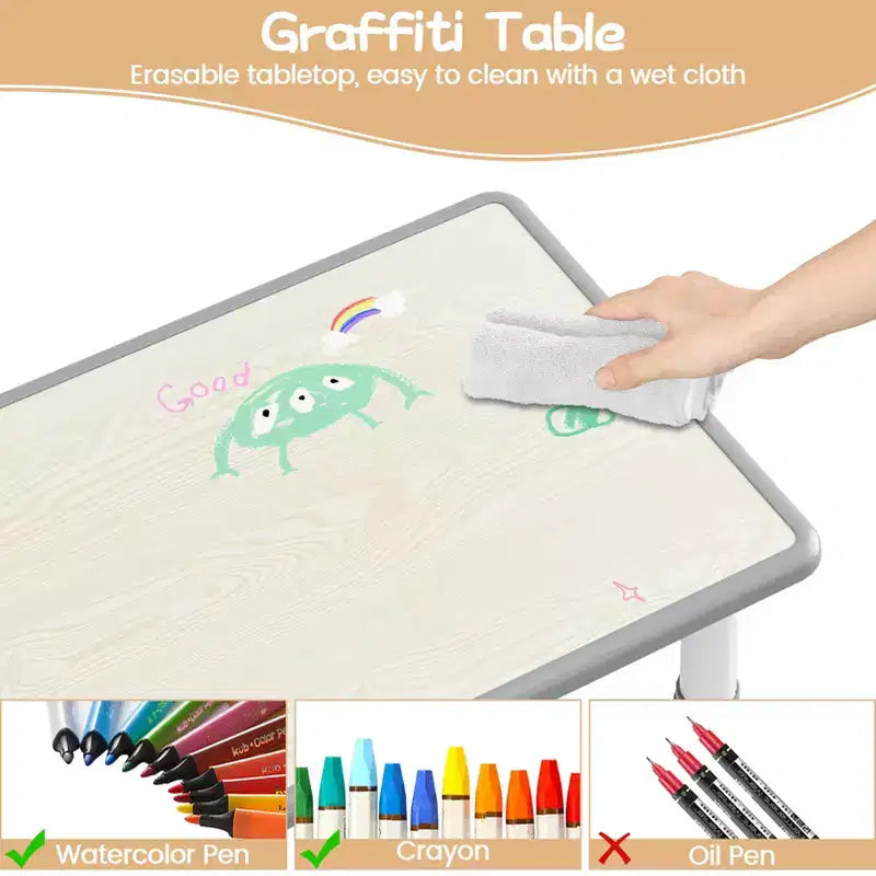 Ensemble table et chaises pour enfants Whizmax 120*60 CM, table pour tout-petits réglable en hauteur et ensemble de 6 chaises pour les 2-10 ans, plateau de table graffiti, pieds antidérapants, gris
