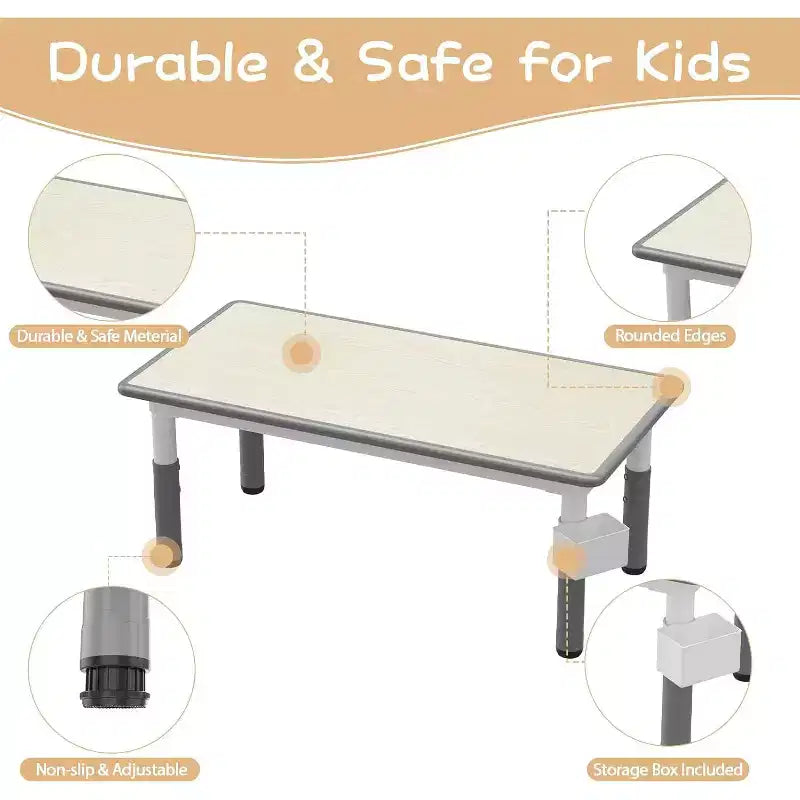 Ensemble table et chaises pour enfants Whizmax 120*60 CM, table pour tout-petits réglable en hauteur et ensemble de 6 chaises pour les 2-10 ans, plateau de table graffiti, pieds antidérapants, gris