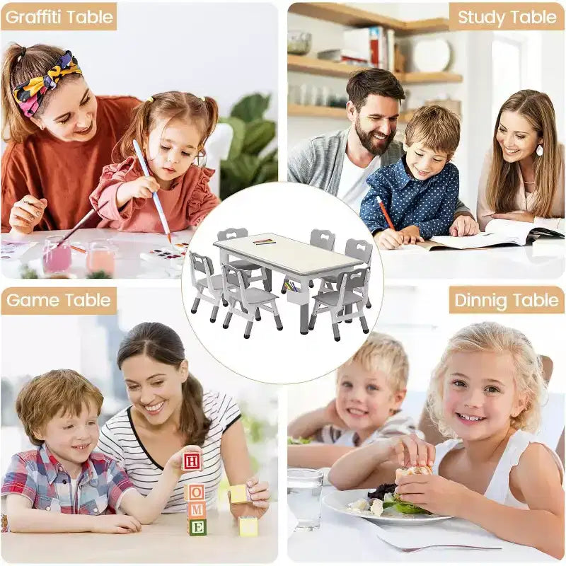 Ensemble table et chaises pour enfants Whizmax 120*60 CM, table pour tout-petits réglable en hauteur et ensemble de 6 chaises pour les 2-10 ans, plateau de table graffiti, pieds antidérapants, gris