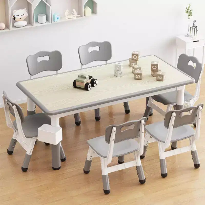 Table et 6 chaises pour enfants avec boîte de rangement, ensemble table et chaises réglables en hauteur pour tout-petits de 2 à 10 ans