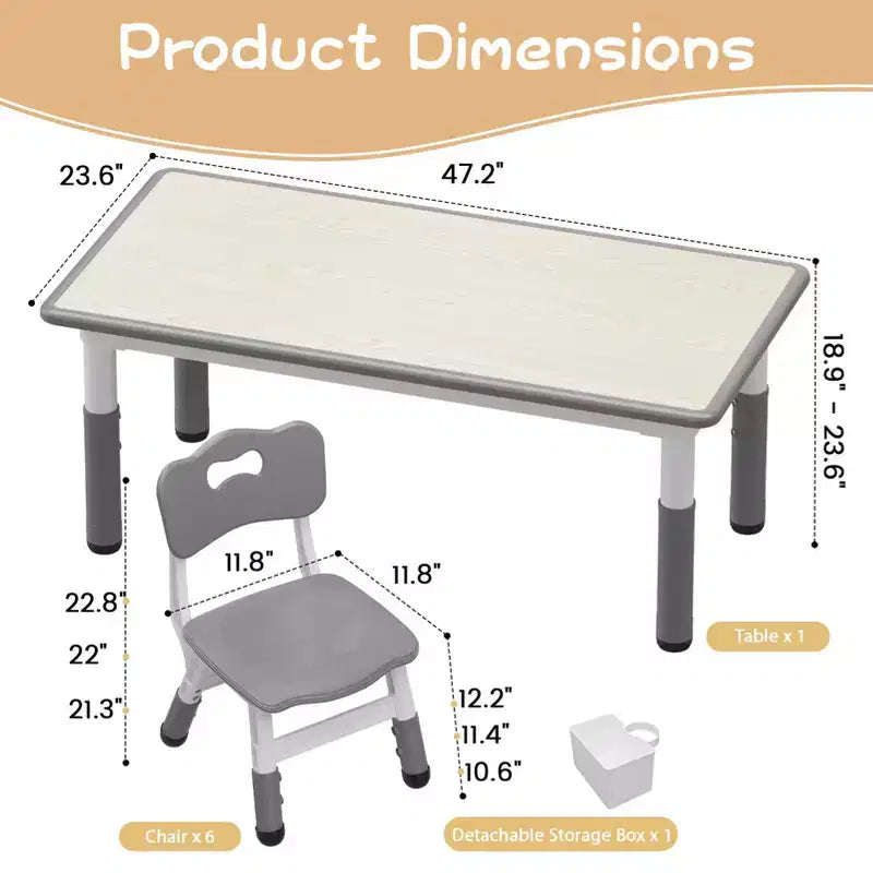 Table et 6 chaises pour enfants avec boîte de rangement, ensemble table et chaises réglables en hauteur pour tout-petits de 2 à 10 ans