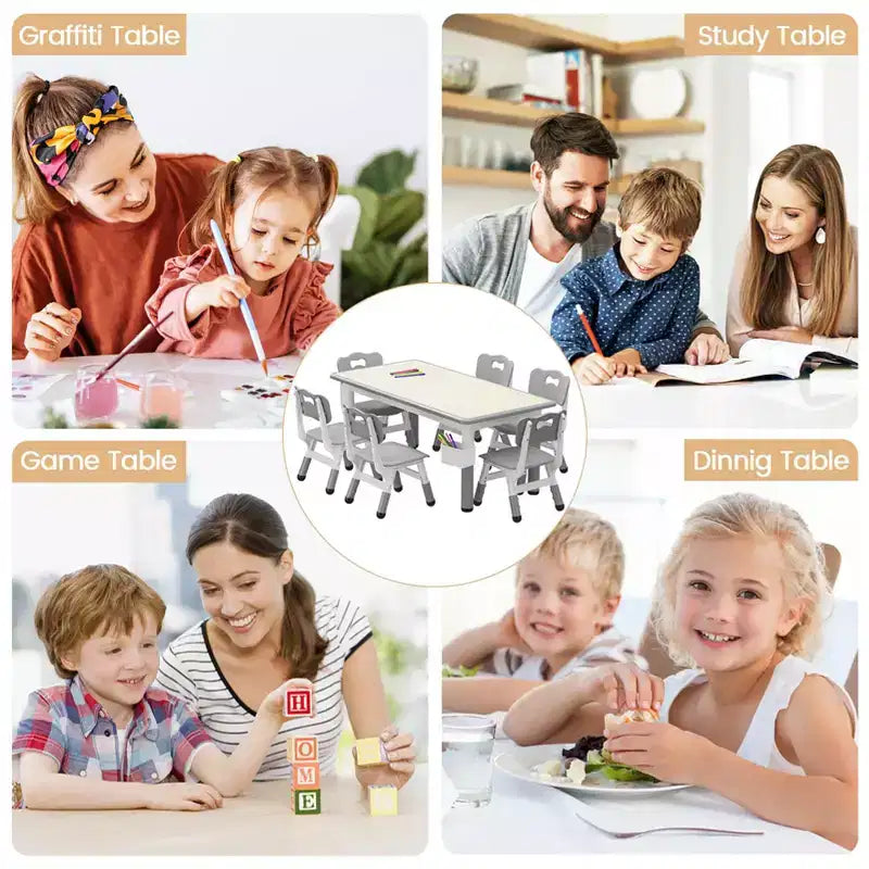 Table et 6 chaises pour enfants avec boîte de rangement, ensemble table et chaises réglables en hauteur pour tout-petits de 2 à 10 ans
