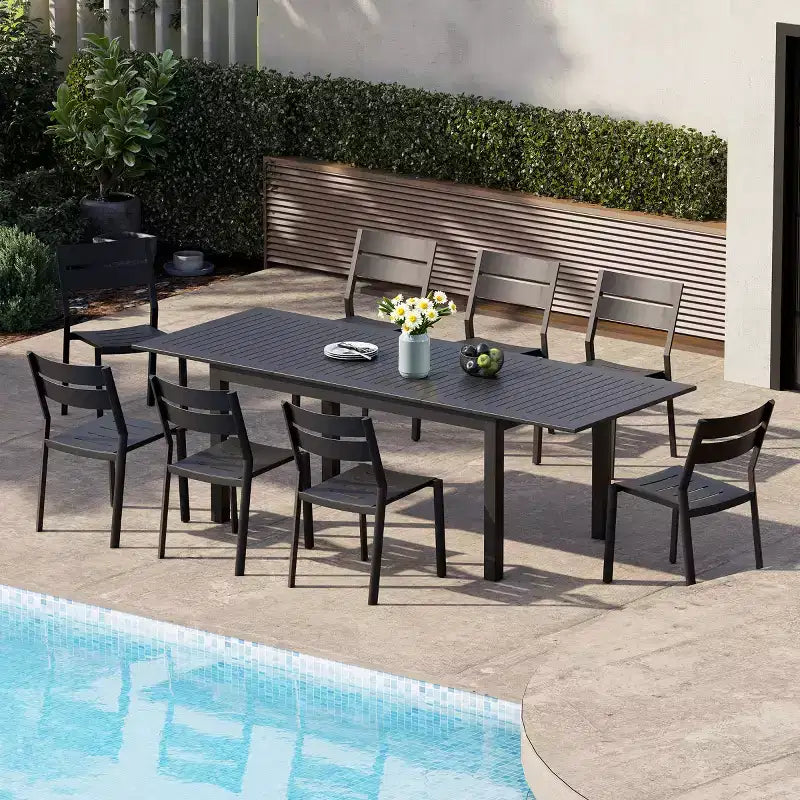 Crestlive Products 9pc Patio Expandable Dining Set Aluminum Outdoor Rectangular Table for 6 to 8 with Chairs