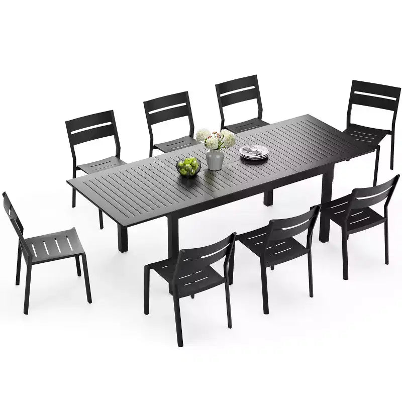 Crestlive Products Ensemble de salle à manger extensible 9 pièces pour patio Table rectangulaire d'extérieur en aluminium pour 6 à 8 personnes avec chaises