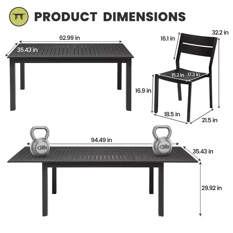 Crestlive Products Ensemble de salle à manger extensible 9 pièces pour patio Table rectangulaire d'extérieur en aluminium pour 6 à 8 personnes avec chaises